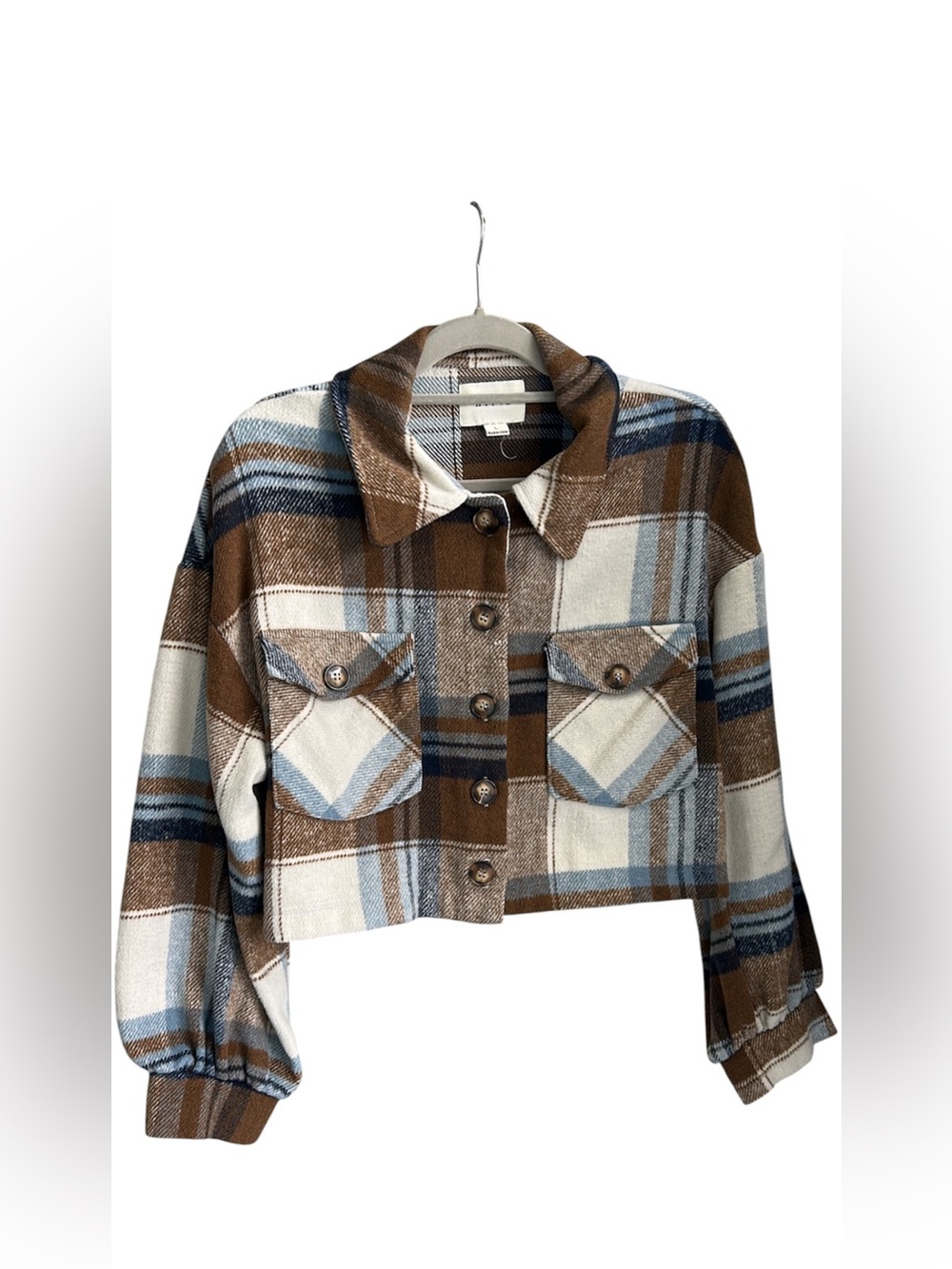 HYFVE Cropped Teddy Plaid Jacket in Brown, Cream & Blue